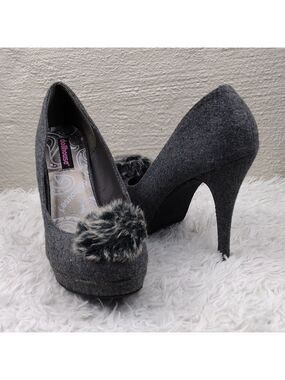 Dollhouse Gray Faux Woo Faux Fur Upper Almond Toe Slip On Platform Stiletto Heel